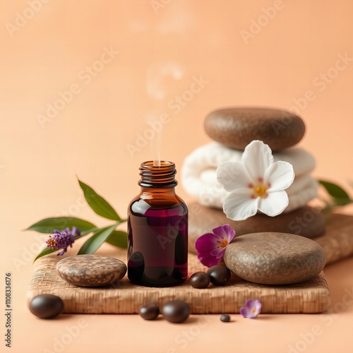 there is a bottle of essential oil with a flower and stones. photo