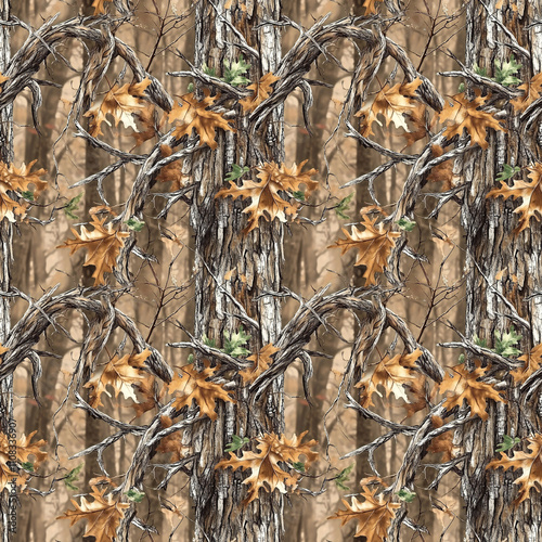 Camouflage with Autumn Trees for Outdoor and Nature-Themed Patterns. Seamless Repeatable Background.