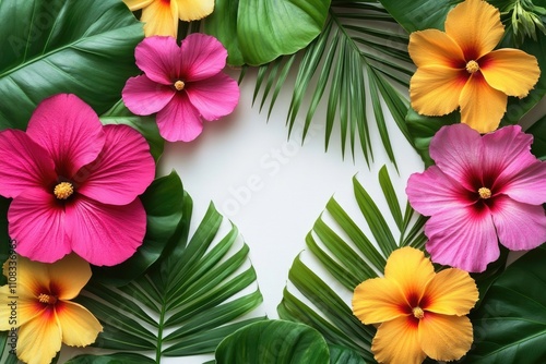 Picture of a white background formed with green leaves and yellow and pink flowers