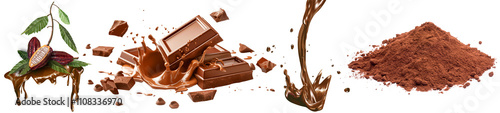 Fotografie frutos de cacao sobre chocolate derretido con cuadros delicioso chocolate y chor