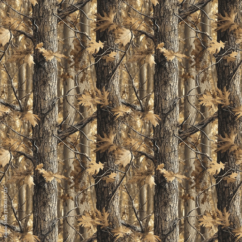 Autumn Tree Camo Pattern with Brown Leaves for Rustic Seasonal Designs. Seamless Repeatable Background