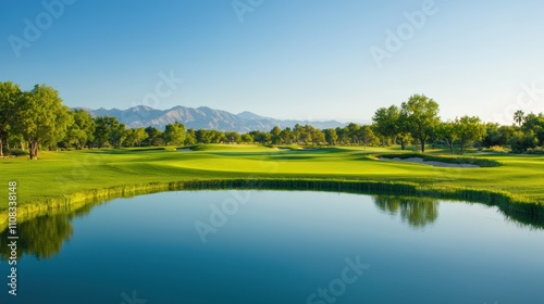 A golf course with a lake in the middle