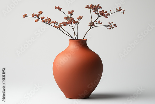 vase en céramique haut, finition mate, couleur terracotta, forme cylindrique élégante et design minimaliste, décoration, objet 3D réaliste, HDR, photographie de studio, tendance photo