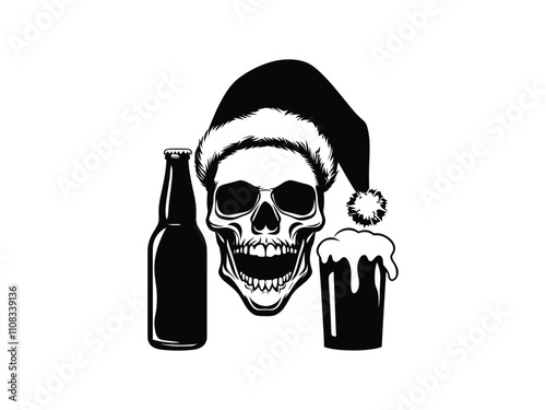 Santa Skull Beer Silhouette Christmas Santa Skull Holding Beer Glass  Holiday Skull Art for Christmas Designs