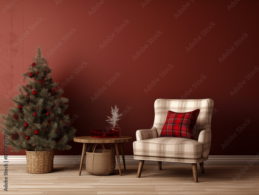 Fototapeta premium Scandinavian style modern minimalist living room with simple Christmas decor. Cranberry red holiday interior. Plaid accent interior. Christmas interior.