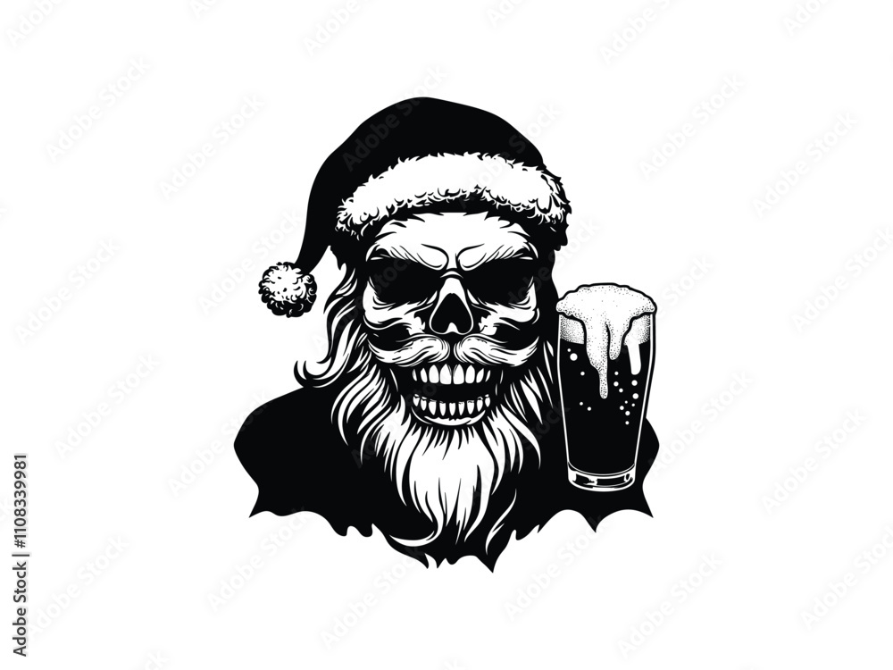 Fototapeta premium Santa Skull Beer Silhouette Christmas Santa Skull Holding Beer Glass Holiday Skull Art for Christmas Designs