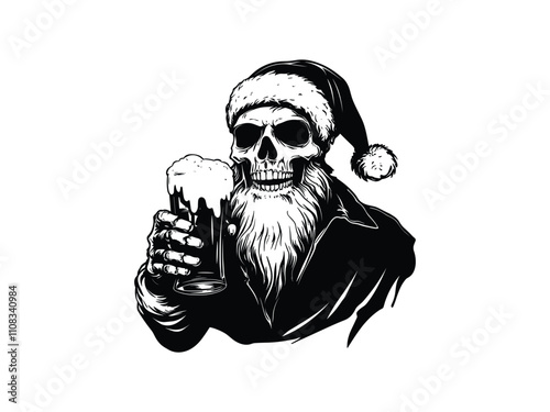 Santa Skull Beer Silhouette Christmas Santa Skull Holding Beer Glass  Holiday Skull Art for Christmas Designs