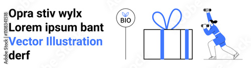 Woman looking through binoculars at large gift box tied with blue ribbon. Beside her, text blocks and BIO sign with leaf icon. Ideal for marketing, curiosity, exploration, gifts, organic products