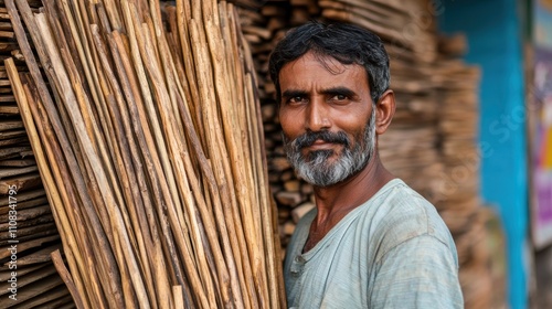 A man is holding a bundle of sticks photo