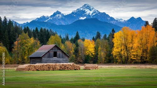 A small cabin is in a field with a mountain in the background photo