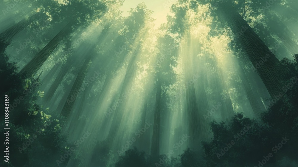 Obraz premium Sunlight Streaming Through a Dense Redwood Forest