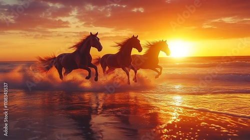 Horses gallop along the shore at sunset creating a stunning display of freedom and beauty..Three horses sprint through shallow waves, their manes flowing in the wind, as the sun sets on the horizon