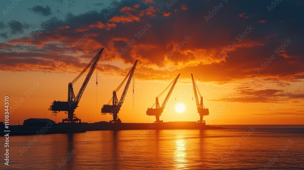 Obraz premium Three cranes are in the water with the sun setting behind them