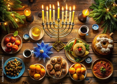 Hanukkah Feast Drone Shot - Festive Holiday Celebration photo