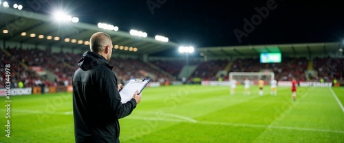 Coach analyzing game in illuminated stadium at night