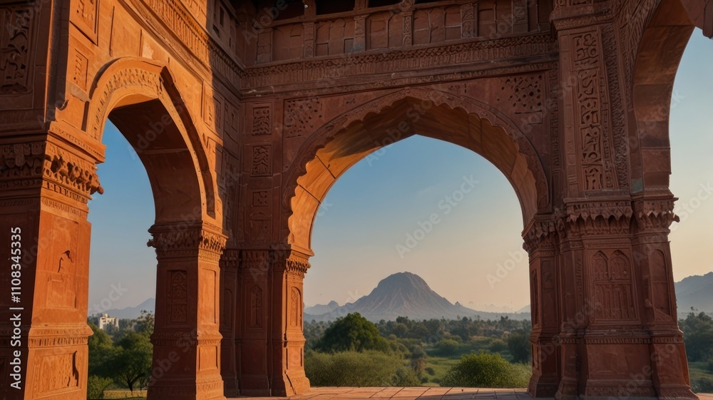 Fototapeta premium Red sandstone archway framing a distant mountain range at sunset.
