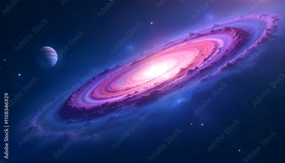 Obraz premium A mesmerizing scene of a vast galaxy, with swirling nebula clouds in shades of blue, purple, and pink, scattered stars, and distant planets glowing softly
