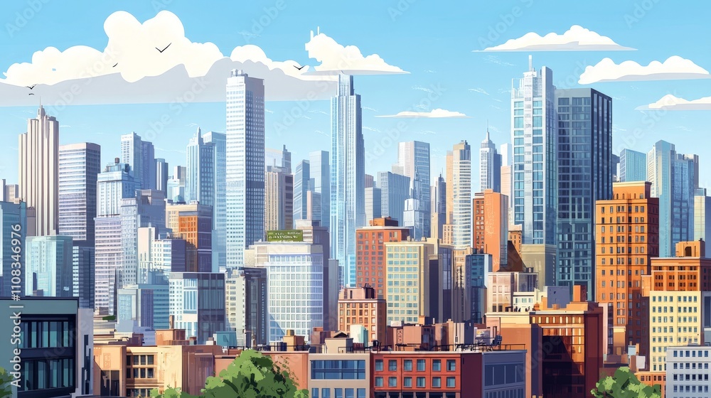 Obraz premium A panoramic cityscape showing both modern skyscrapers and traditional buildings