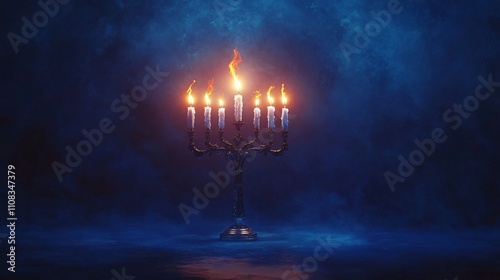 A beautifully detailed nine-branched menorah against a deep blue backdrop, perfect for Hanukkah celebrations, Jewish religious events, and peaceful contemplation. photo