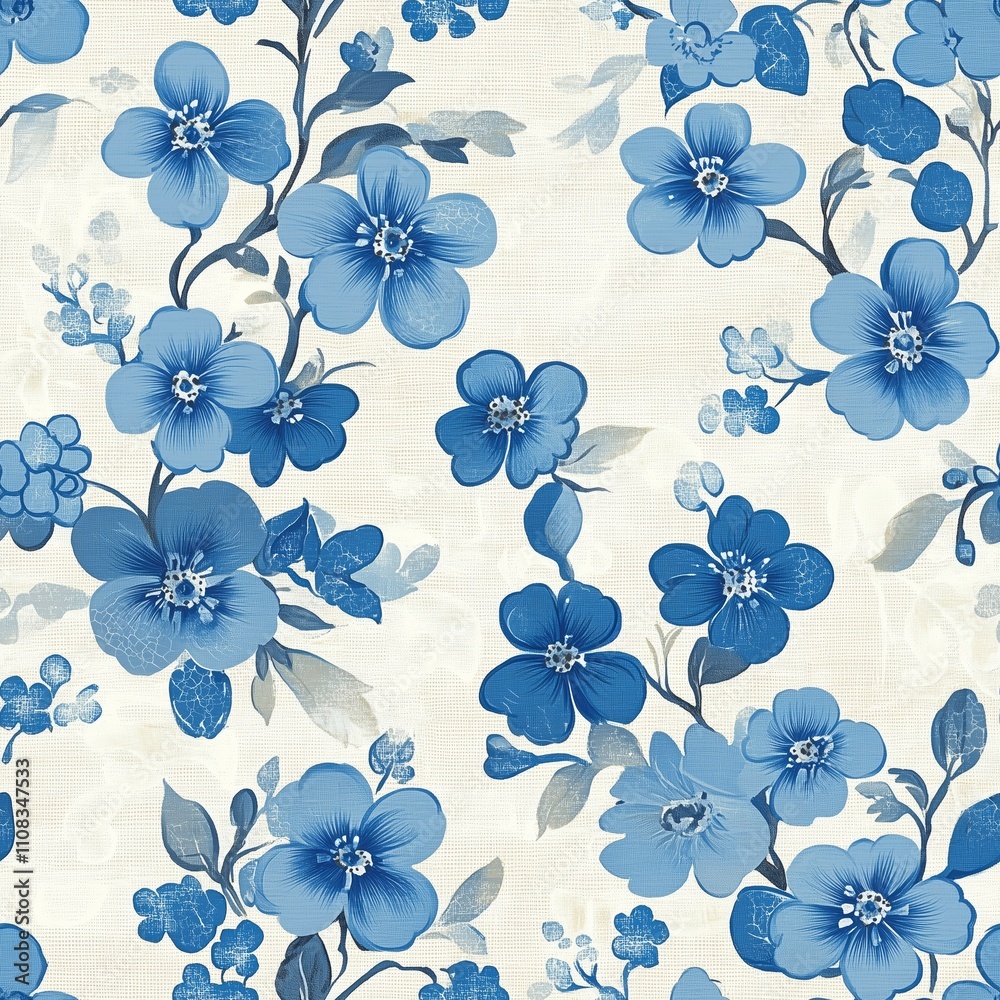 Fototapeta premium Beautiful blue floral pattern featuring vibrant flowers and intricate details in a soft background