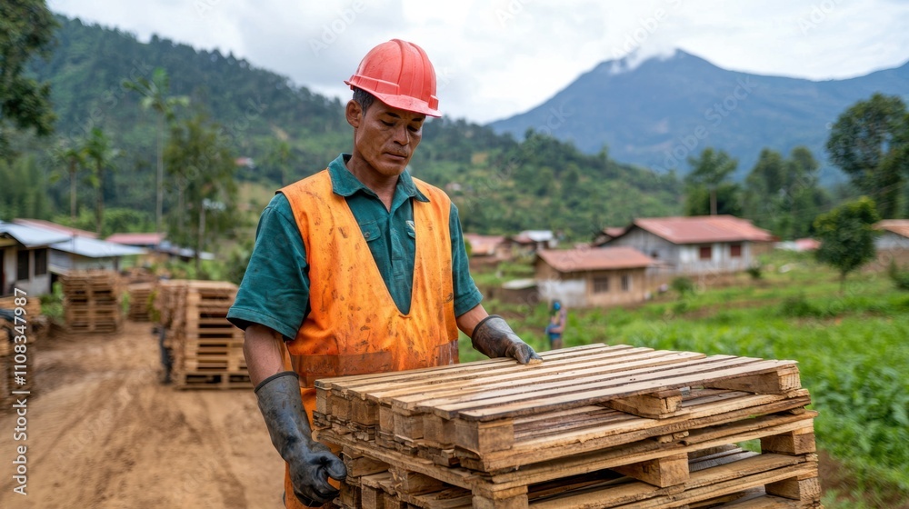A man wearing a hard hat and orange vest is holding a stack of pallets A man wearing a hard hat and orange vest is holding a stack of pallets