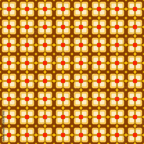 A vibrant, geometric pattern featuring repeating squares and circles in warm tones of brown, orange, and yellow, creating a retro-inspired design.