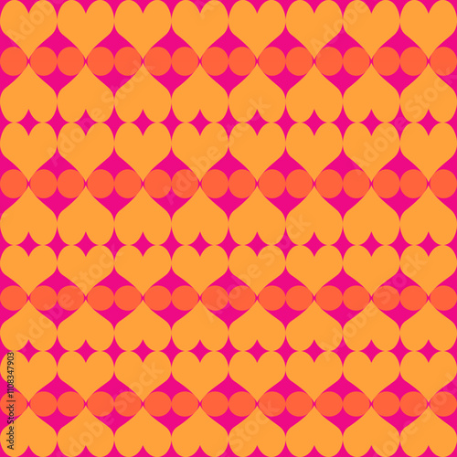 A vibrant pattern featuring interconnected hearts and circles, showcasing bright orange and pink hues in a symmetrical design.