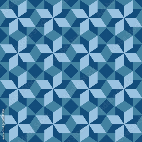 A geometric pattern of interlocking shapes in shades of blue and white, creating a visually appealing design suitable for various applications.