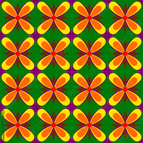 A vibrant, symmetrical pattern of yellow and orange flowers on a green background, creating a lively and cheerful visual effect for Christmas 