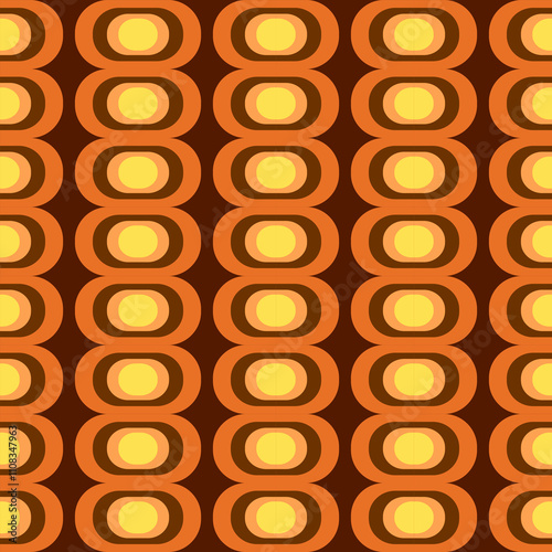 A vibrant retro pattern featuring alternating yellow and orange oval shapes on a brown background, creating a visually striking design.