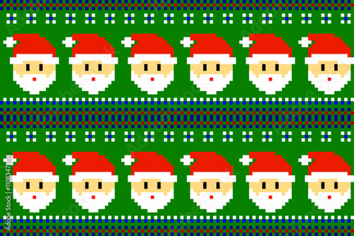 
A festive, pixel-art pattern featuring Santa faces against a green background, perfect for holiday decorations or Christmas-themed designs.