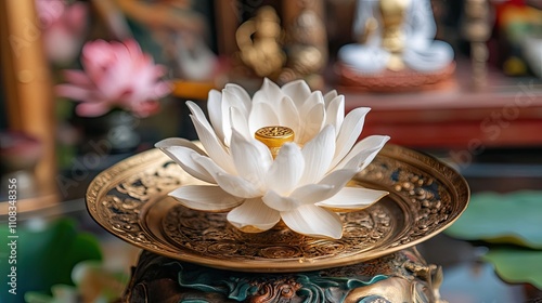 Serene White Lotus Flower on Ornate Plate in Tranquil Setting