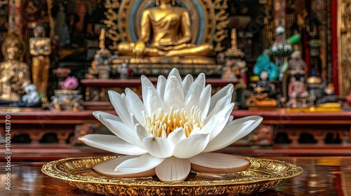 Serene White Lotus Flower on Decorative Plate in Temple Setting