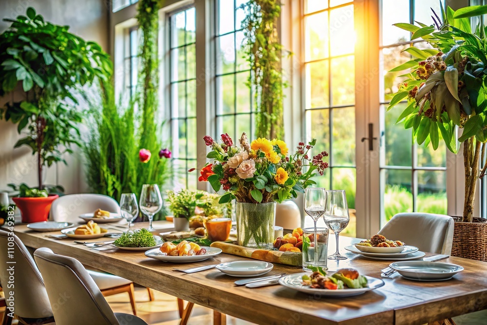 Fototapeta premium Minimalist Interior Design, Natural Light, Botanical Accents, Food Photography