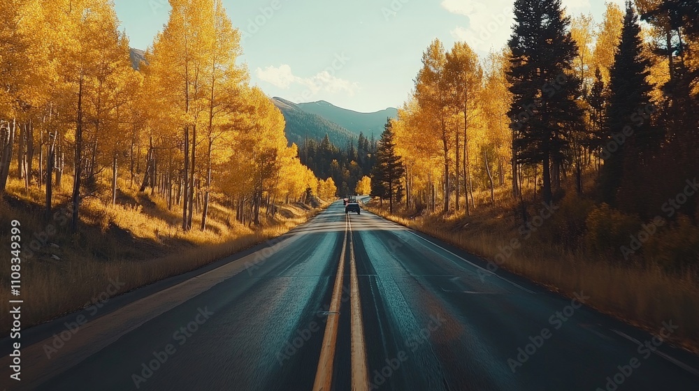 Fototapeta premium A scenic drive through autumn foliage with trees glowing in golden colors