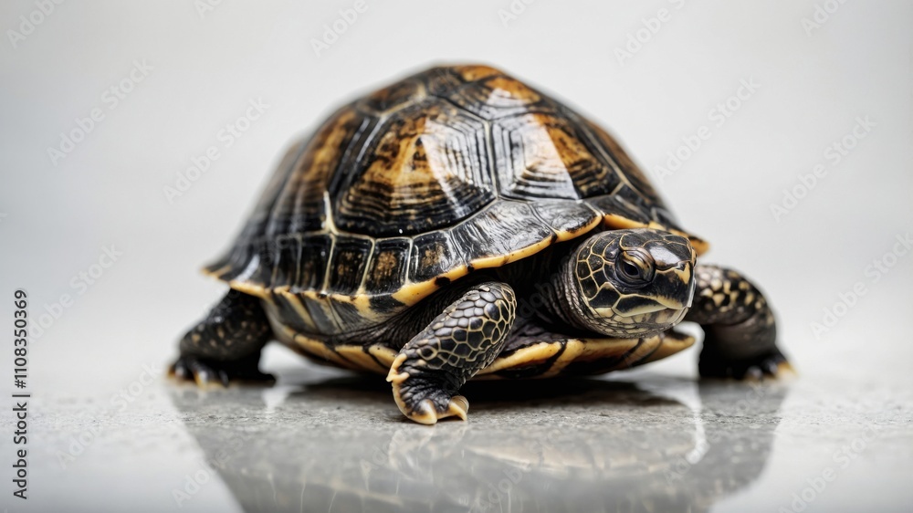 Fototapeta premium Turtle exploring a smooth surface in indoor environment during daylight hours