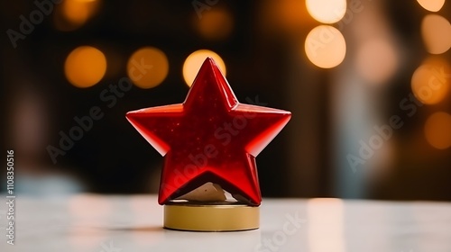 Red Star Shaped Object On Gold Base Against Blurry Lights photo