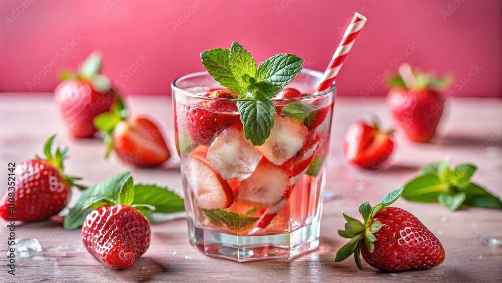 Refreshing Strawberry and Mint Infused Drink with Ice Cubes in a Glass Refreshing Strawberry and Mint Infused Drink with Ice Cubes in a Glass