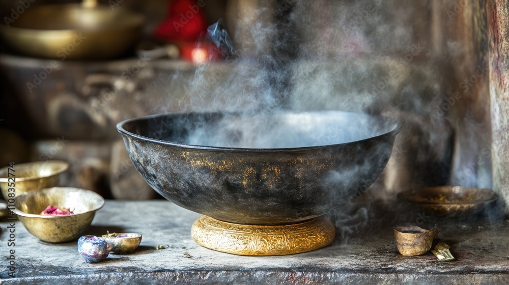 Dark Bowl with Steam and Brass Instruments on Rustic Table Dark Bowl with Steam and Brass Instruments on Rustic Table