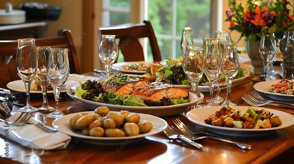 Fototapeta premium A well-lit family dinner table adorned with plates of home-cooked food, including baked salmon, roasted potatoes, and a fresh garden salad 