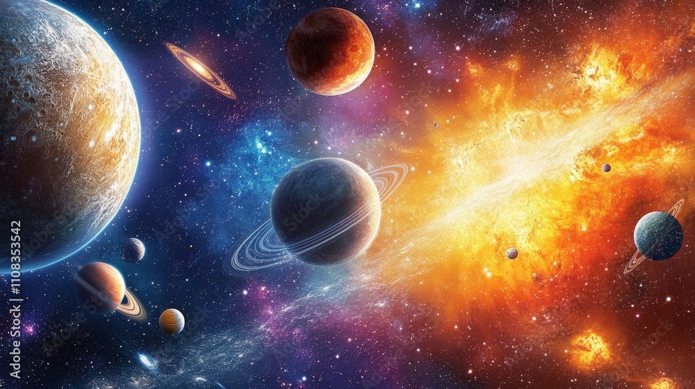 A space-themed artwork of planets and galaxies in vibrant colors A space-themed artwork of planets and galaxies in vibrant colors