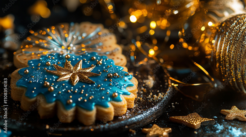 Fototapeta premium Colorful decorated cookies with festive decorations displayed on a dark background