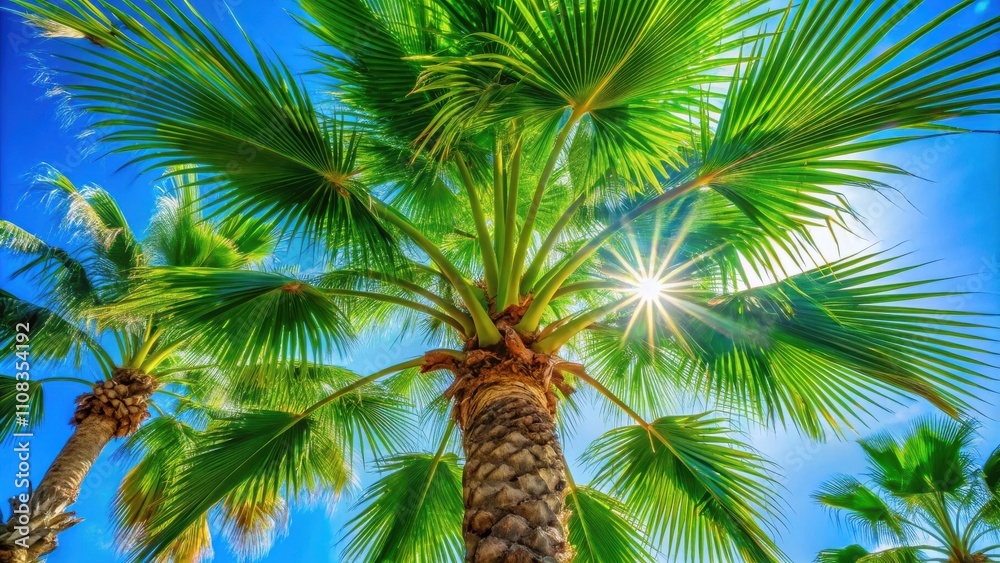 Obraz premium Sunlight filtering through lush palm fronds against a vibrant blue sky, creating a captivating tropical paradise