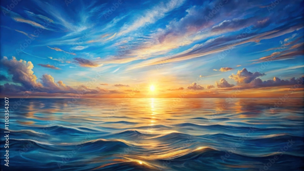 Obraz premium The sun sets over the ocean, painting the sky with vibrant hues of orange, pink, and blue. The golden light reflects on the gentle waves, creating a mesmerizing spectacle of nature's artistry.