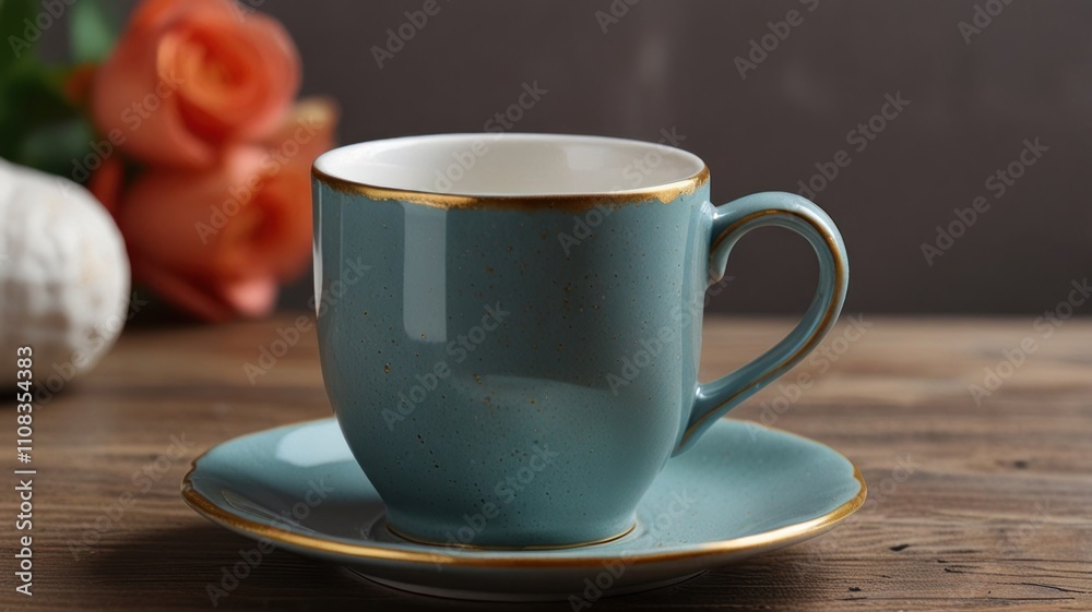 Obraz premium Here's a caption and keywords for your stock photo.. Teal teacup and saucer on wooden table with roses.