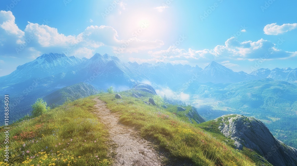 Fototapeta premium A sunny summer hike up a mountain, with clear skies and a scenic view