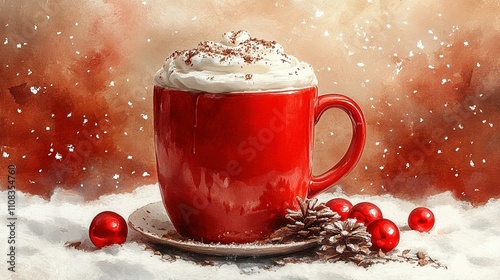 Festive Red Mug Of Whipped Hot Chocolate Winter Drink photo