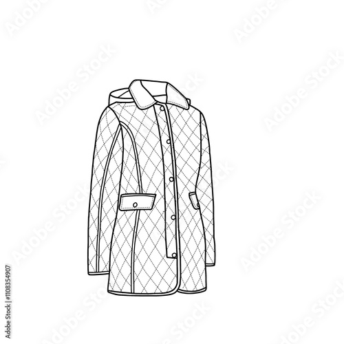 Women's quilted jacket with pockets, winter jacket waterproof. Outerwear jackets technical fashion illustration.