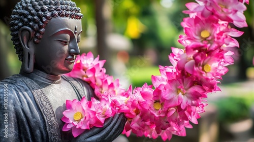 Serene Buddha Statue Adorned with Pink Lotus Flowers in Tranquil Garden