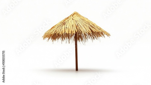 Thatched Umbrella on White Background for Tropical Themes photo